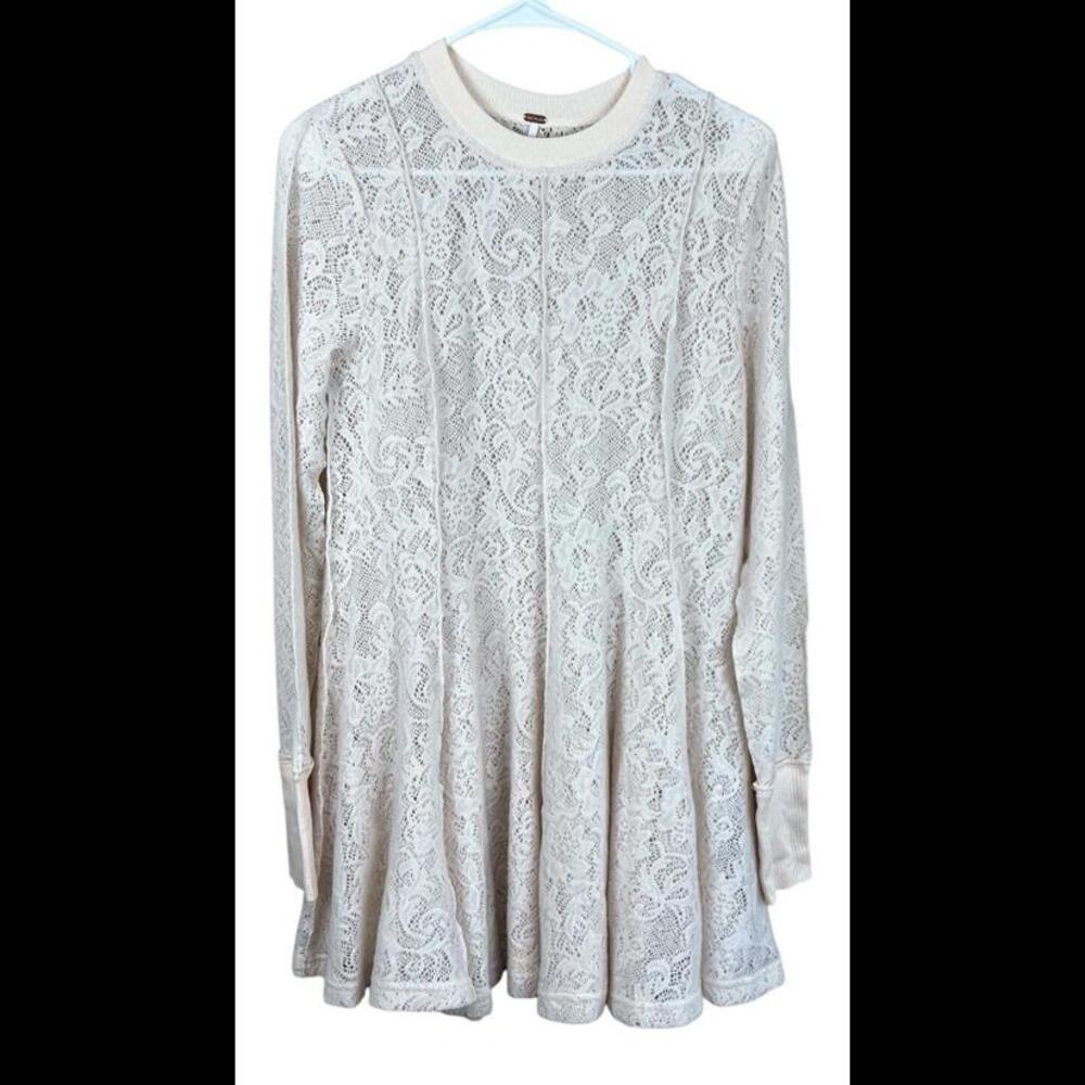 Free People Women's Coffee in The Morning‎ Lace Ribbed Trim Sweater S Ivory